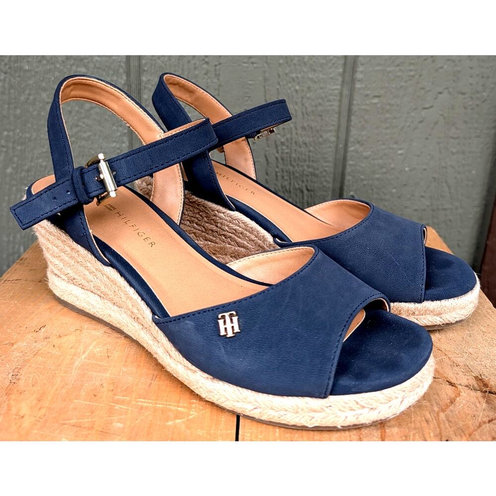 Tommy Hilfiger Gallie wedge espadrille sandals Navy Blue Size 6.5 LIKE NEW - Picture 2 of 8